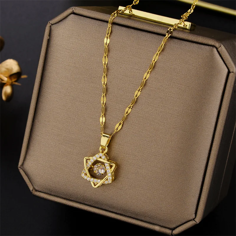 David Star Stainless Steel Chain Necklace Transparent Rotate Zircon Pendant Necklace Couple Jewelry Christmas Gift