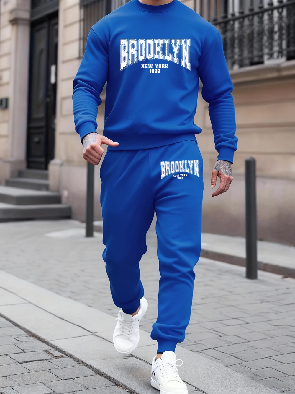

Комплект из 2 предметов с капюшоном для мужчин Brooklyn New York 1828, спортивные штаны с принтом, повседневная флисовая толстовка с круглым вырезом, спортивные штаны, зимняя свободная одежда