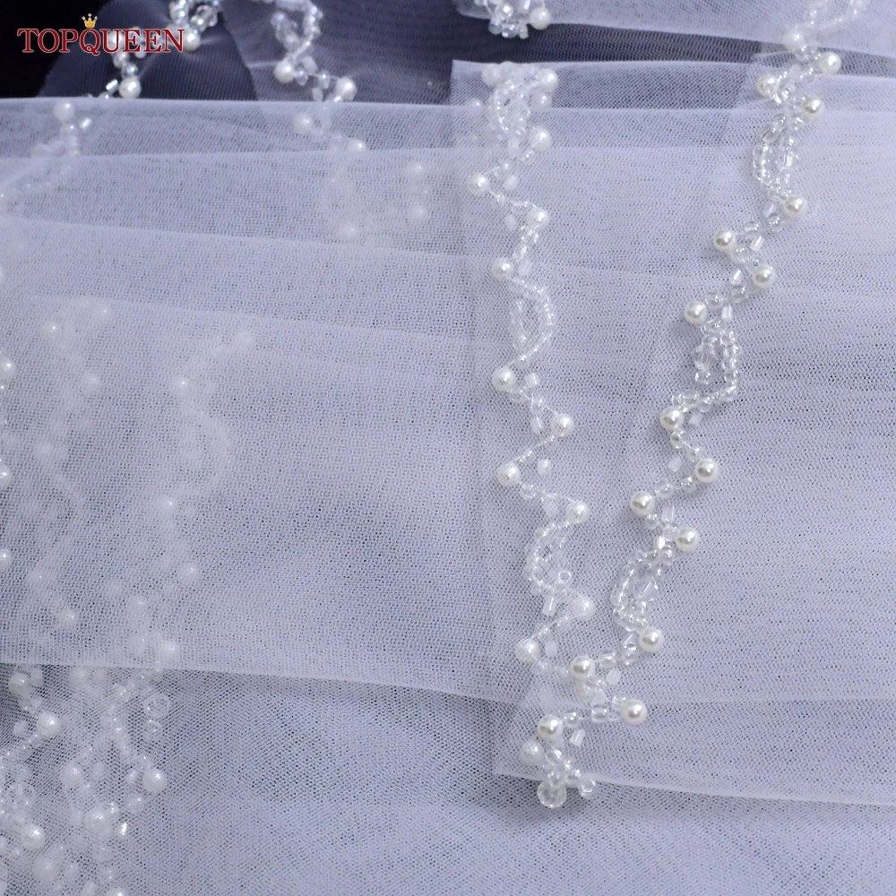 TOPQUEEN V121 Top Quality Bridal Veils Wedding Crystal Beaded Two-tier Beaded Edge Fingertip Wedding Veu Flange Bouqet Wedding