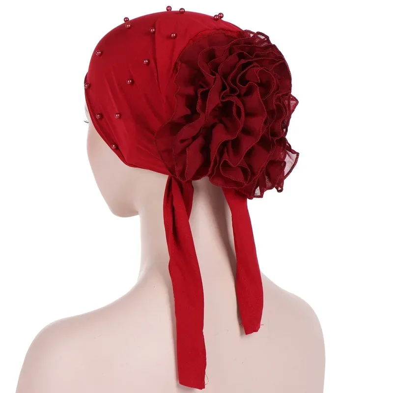 Muzułmańskie kobiety Stretch Bonnet Hijab Chemo Cap Flower Beads Tie Back Turban Under Scarf Indian Solid Color Headcover Head Wrap Mujer