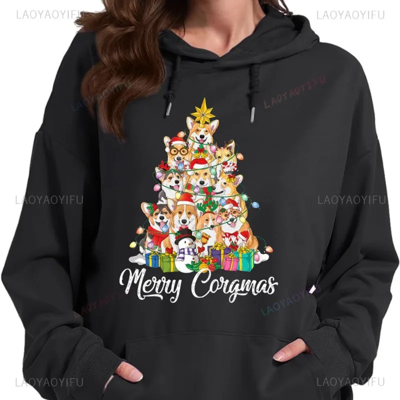 Kawaii Corgi Dog Lover Christmas Tree Printing Hoodies Merry Christmas Vintage Streetwear Christmas Gift Comfort Warmth Hooded