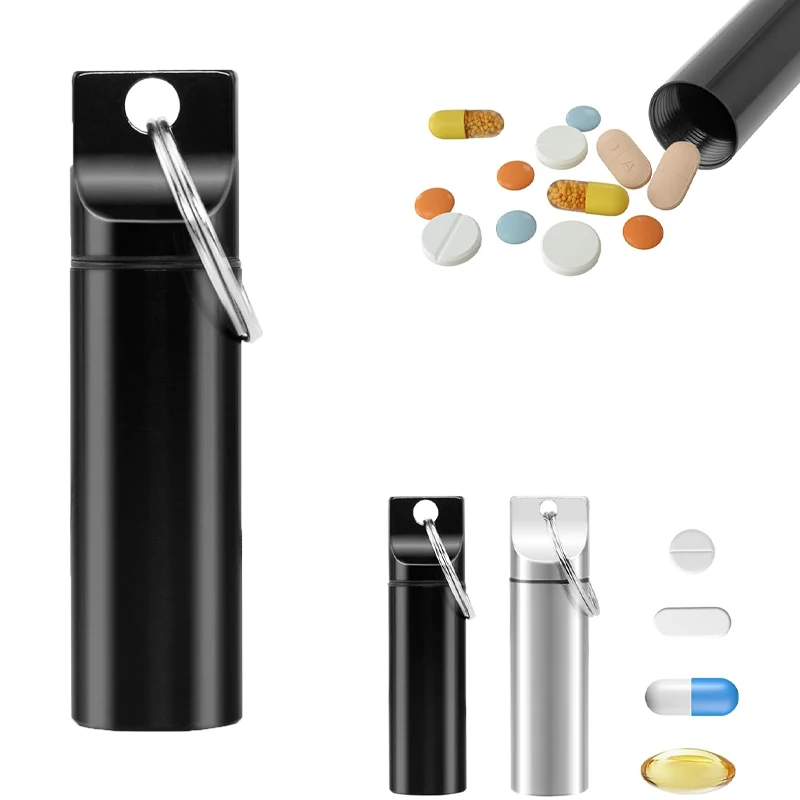 

1pcs Waterproof Aluminum Pill Box Keychain Carabiner Medicine Case Container Bottle Holder Outdoor Pill Case PillBox