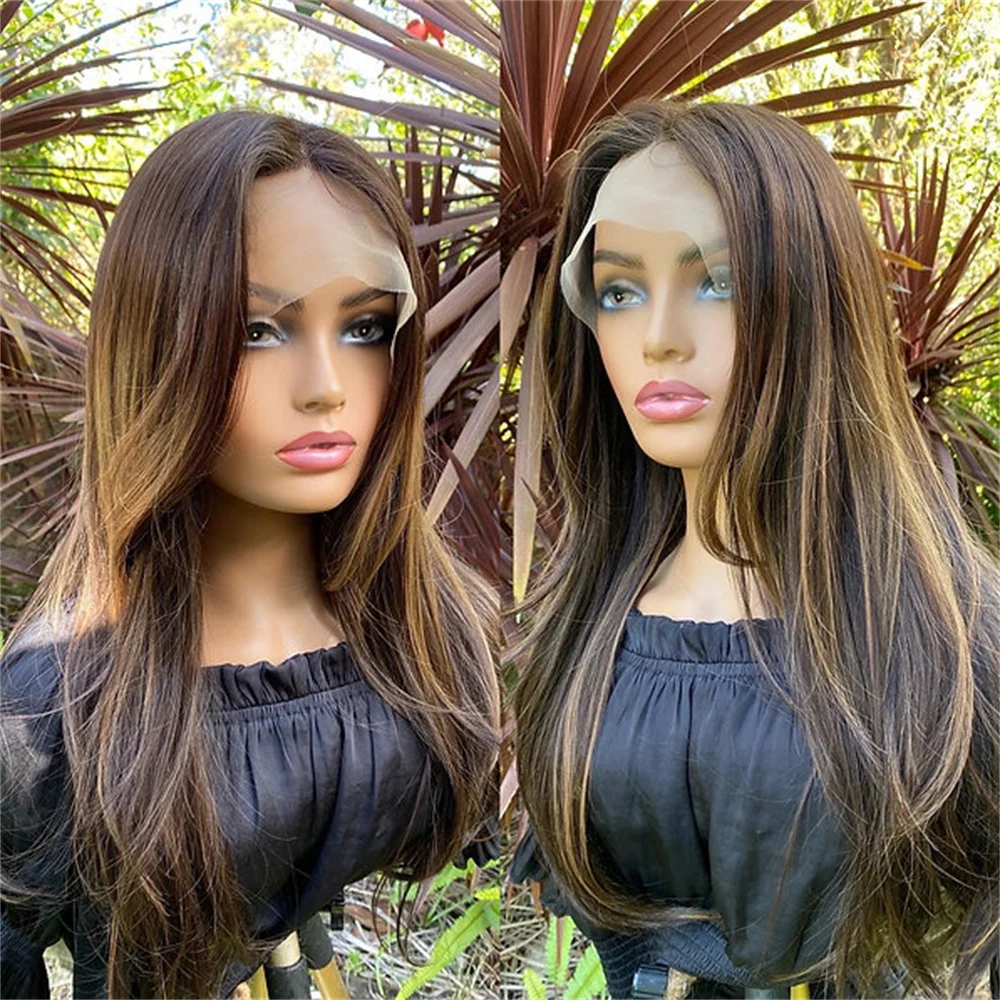 Donkerbruine karamel hoogtepunten Lace Front pruik hittevriendelijke vezels brunette natuurlijke golf pruik middendeel realistische look voor vrouwen