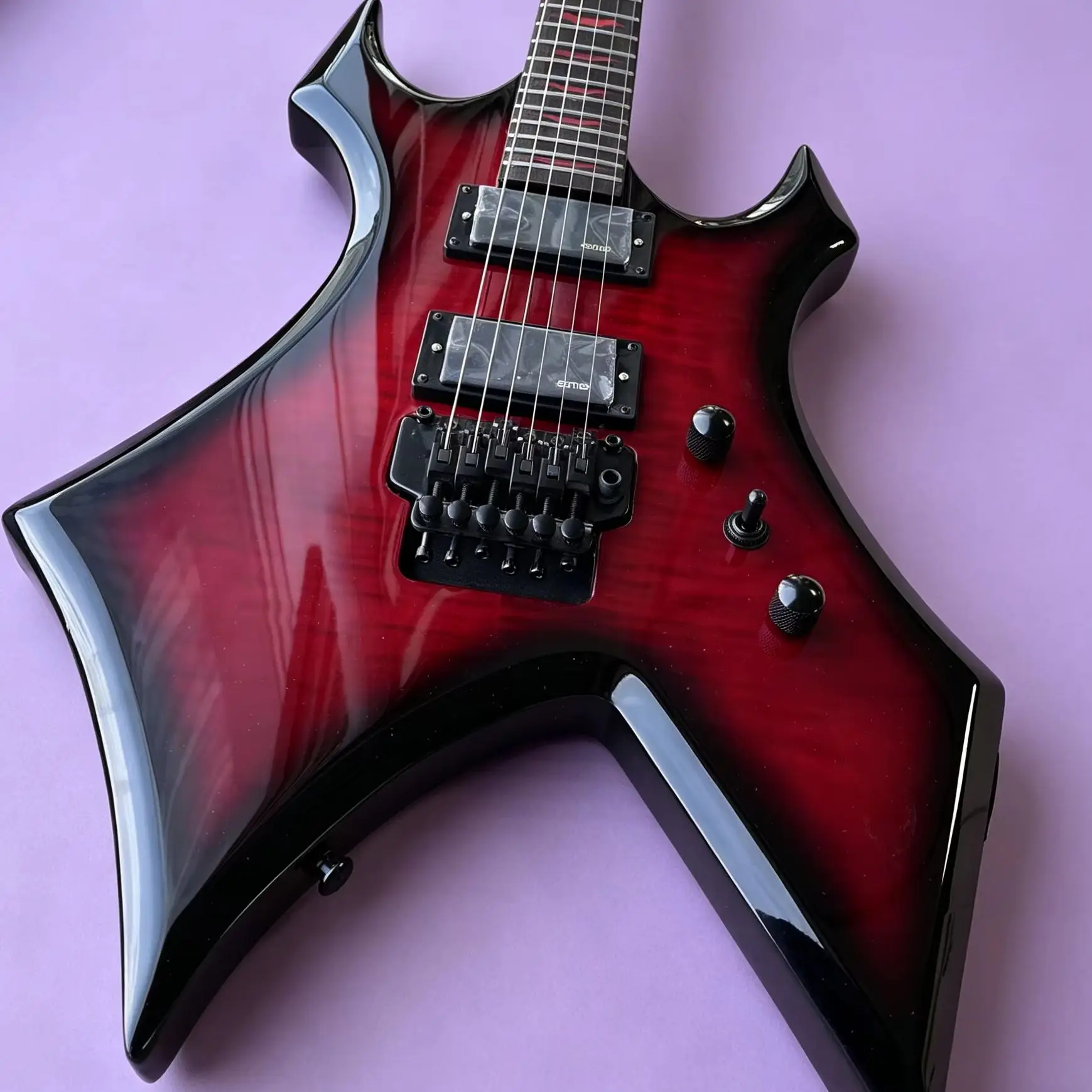 US warehouse Electric Guitar Red Black Flame Maple Gradient Finish Dual EMG Pickups Double Locking Tremolo Rosewood Fretboard Metal Guitar Free Shipping