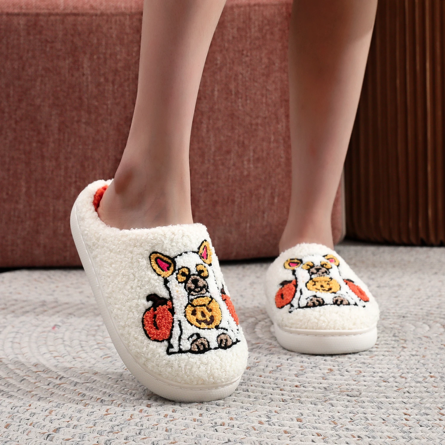 A Pair of White Halloween Pet Dog Ghost Dress up Pumpkin Element Pattern Embroider Plush Home Thick-Soled Comfortable Fur Slippers Personalized Warm Non-Slip Indoor Slippers Autumn and Winter Gifts for Men and Women to Wear - view 6