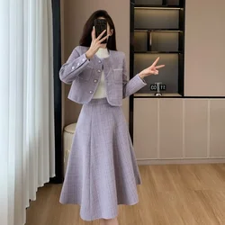 UNXX Small Fragrance Lavender Black Tweed Two Piece Set Women's Short Jacket Coat + Mid Long A Line Skirt Korean Fashion Outfits