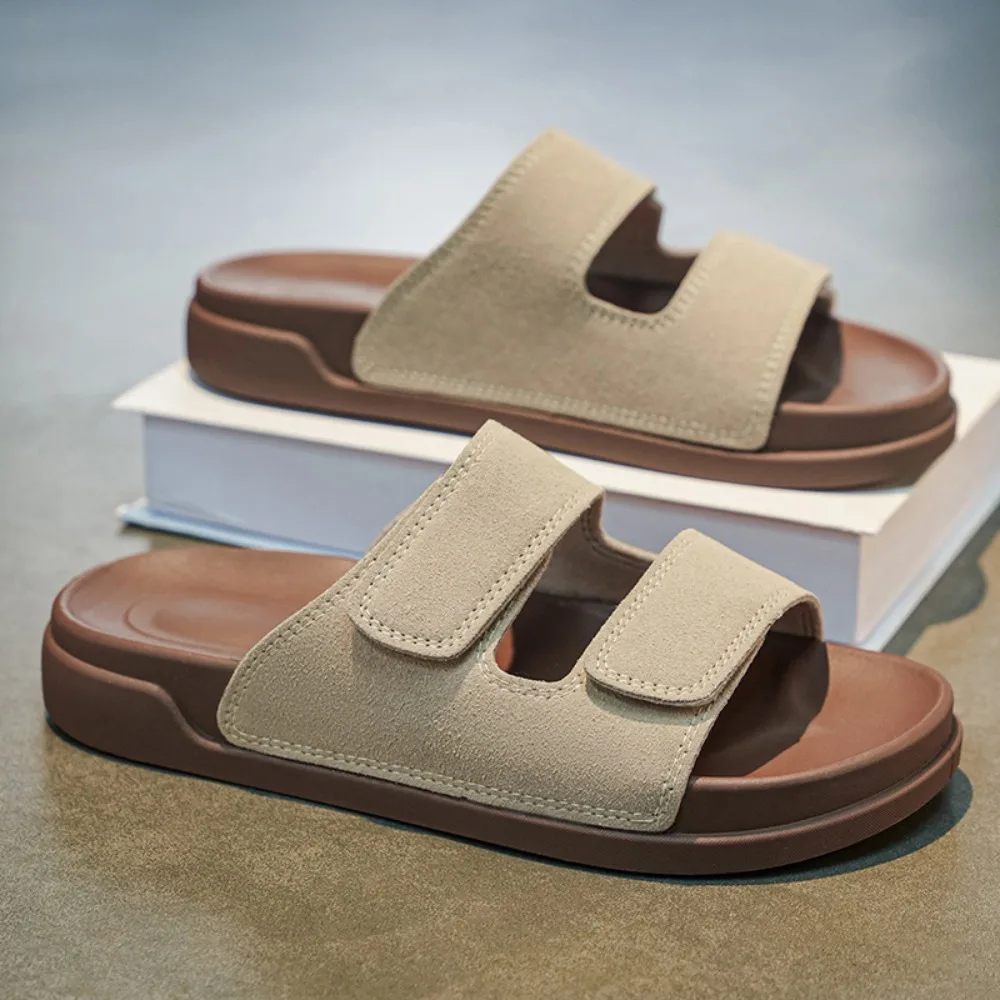 2026  Men's Soft Wooden Slippers Trendy Student Double Strap Beach Shoes Wear-Resistant Rubber Outsole Comfortable For Home
