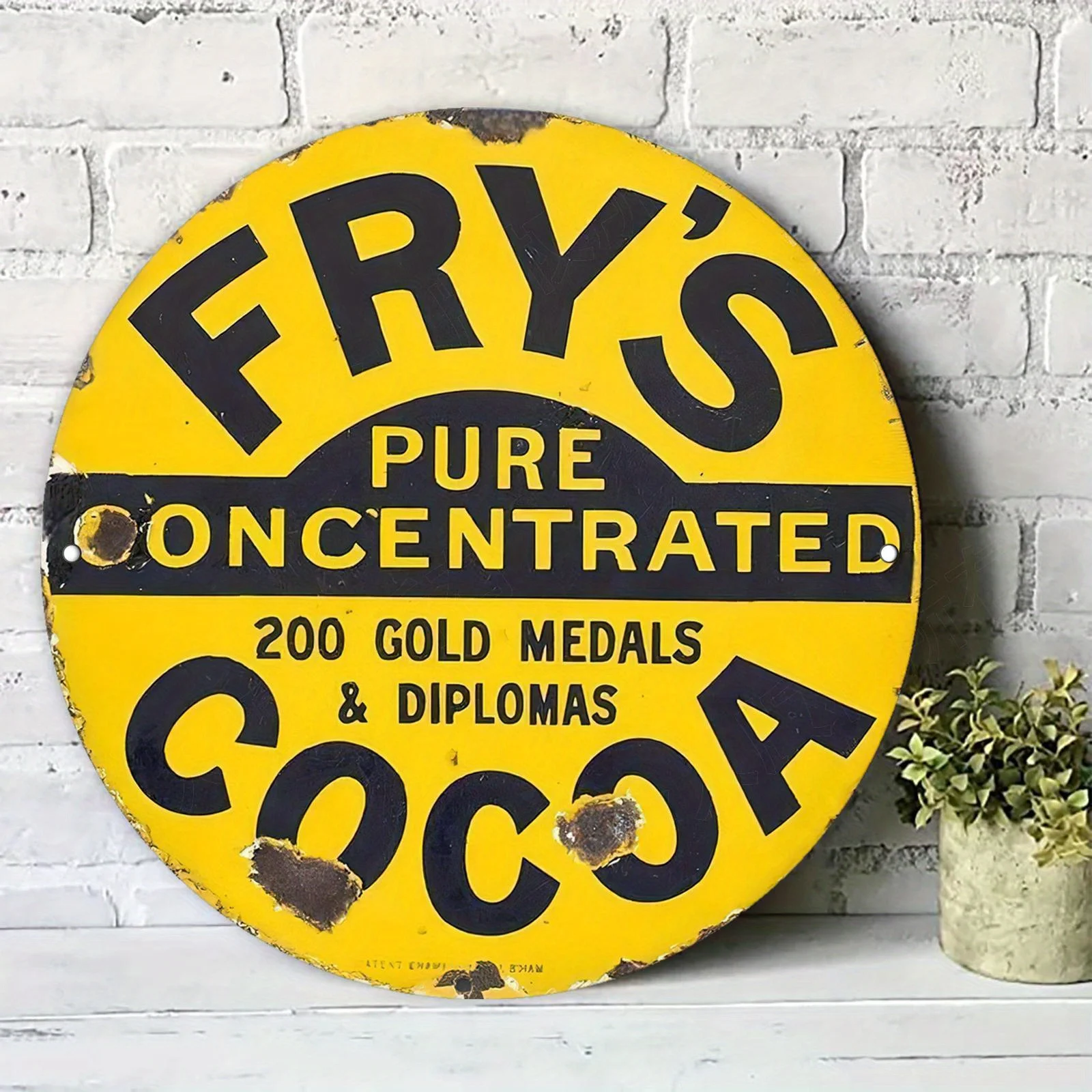 2D Flat – Vintage Fry'S Pure Concentrated Cocoa Metallschild – 19,99 cm runde Aluminium-Wanddekoration mit „200 goldenen Medaillen und Diplom“.