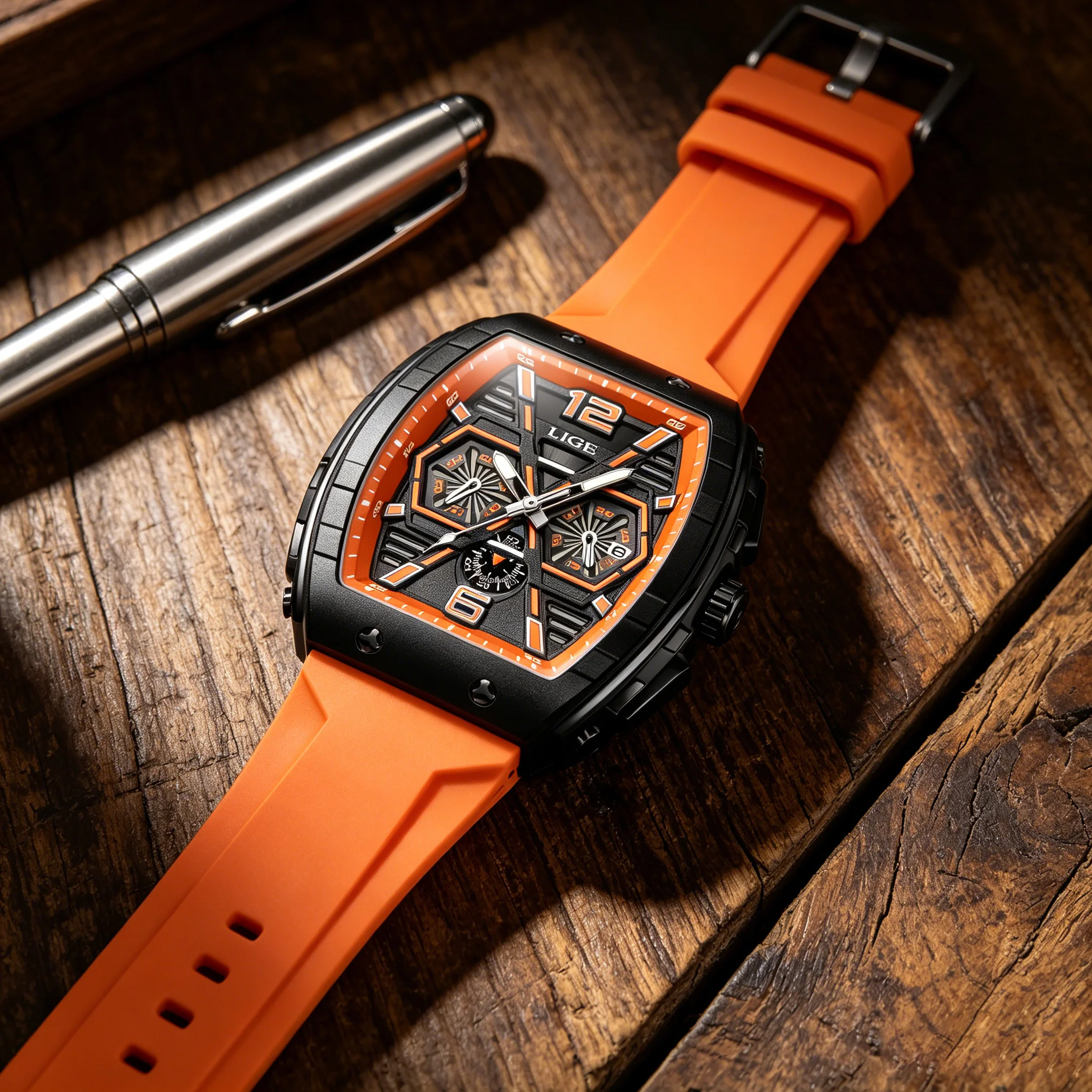 LIGE Fashion Orange Watches for Man Luminous Waterproof Chronograph Calendar Silicone Strap Outdoor Luxury Sports Men Quartz Watch with Gift Box