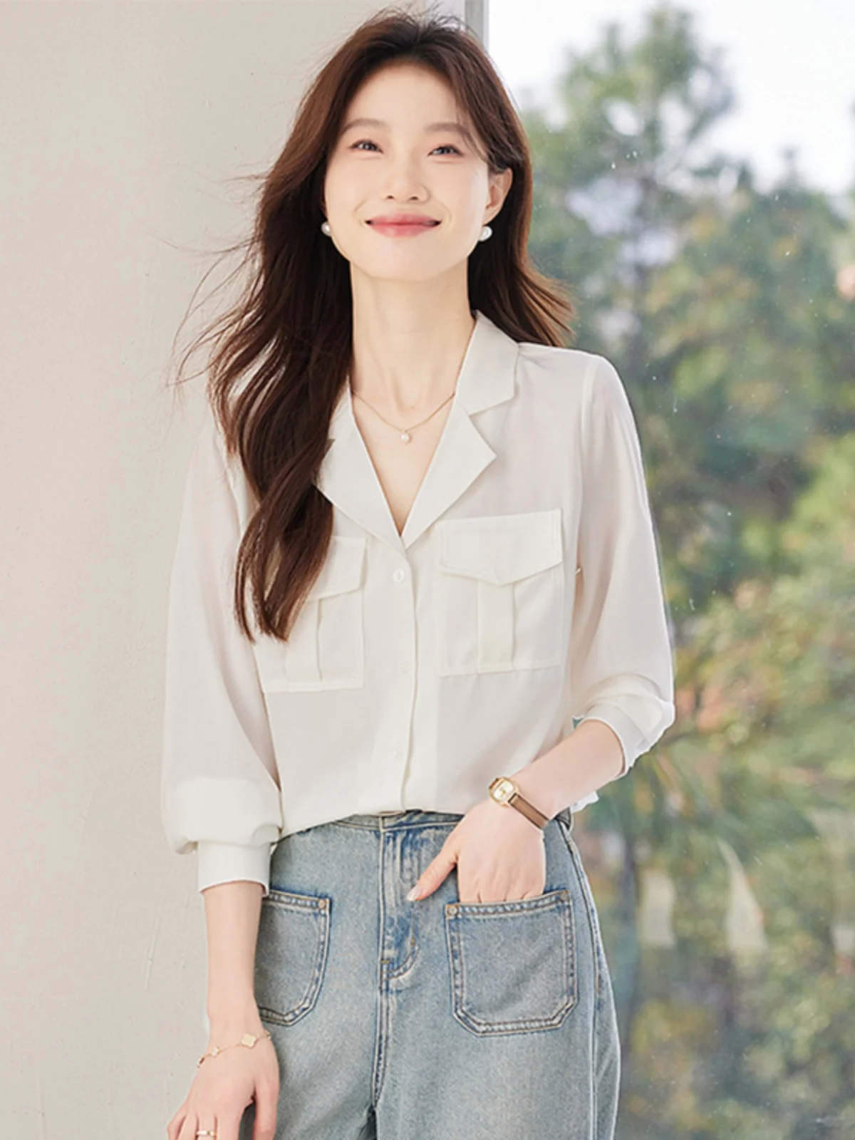 White V-neck Long Sleeve Loose Women's Shirt Slimming Fashionable Simple Commute Style Polyester Fiber Ladies Premium Blouse