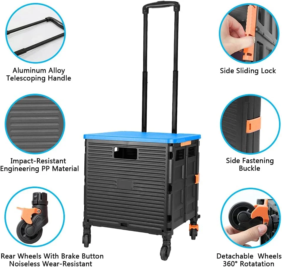 

SELORSS Foldable Utility Cart Folding Portable Rolling Crate Handcart Heavy Duty Telescoping Handle Collapsible 4 Rotate Wheels