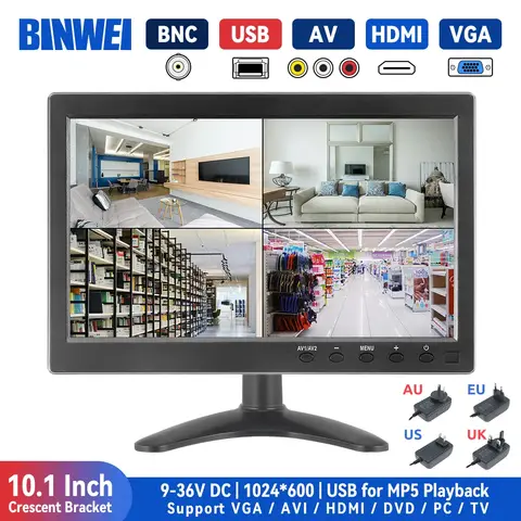 BINWEI 듀얼 스피커 내장 소형 HDMI 모니터, 게이밍 CCTV 라즈베리 파이 PC용 HDMI VGA BNC 입력, 10.1 인치 보안 모니터