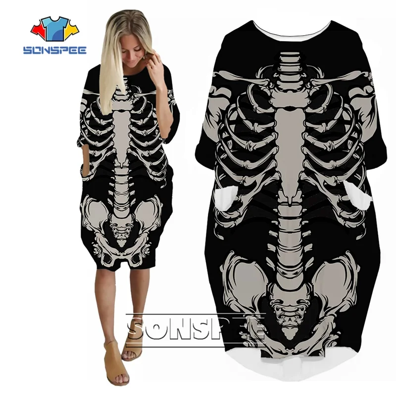 SONSPEE Summer Dress Suit Fashion Funny Skirt Suit Cool Rock Harajuku Skeleton Women Gown Lady Clothing Party Long-sleeve Dress