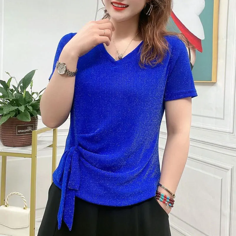 

Women's Clothing Solid Color Bright Silk Pullovers Casual V-Neck Summer Short Sleeve Fashion Drawstring Bow Slim Folds T-shirt