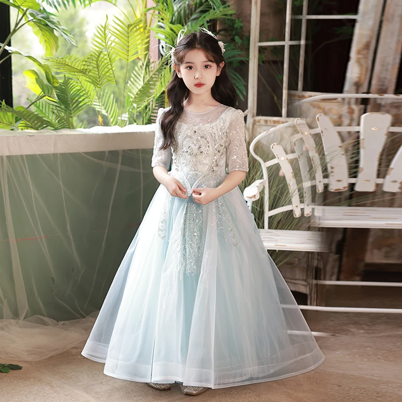 Girls mid-sleeve mesh gorgeous teen dress girl beauty pageant birthday party flower girl dress princess dress/can be customized