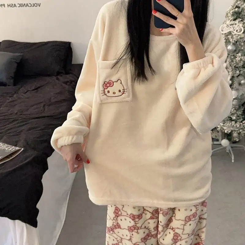 Hot Sanrio Hello Kitty Cartoon Japanese Stuff Pajamas Female Flannel Winter The New Plus Thicken Velvet Sweet Birthday Present