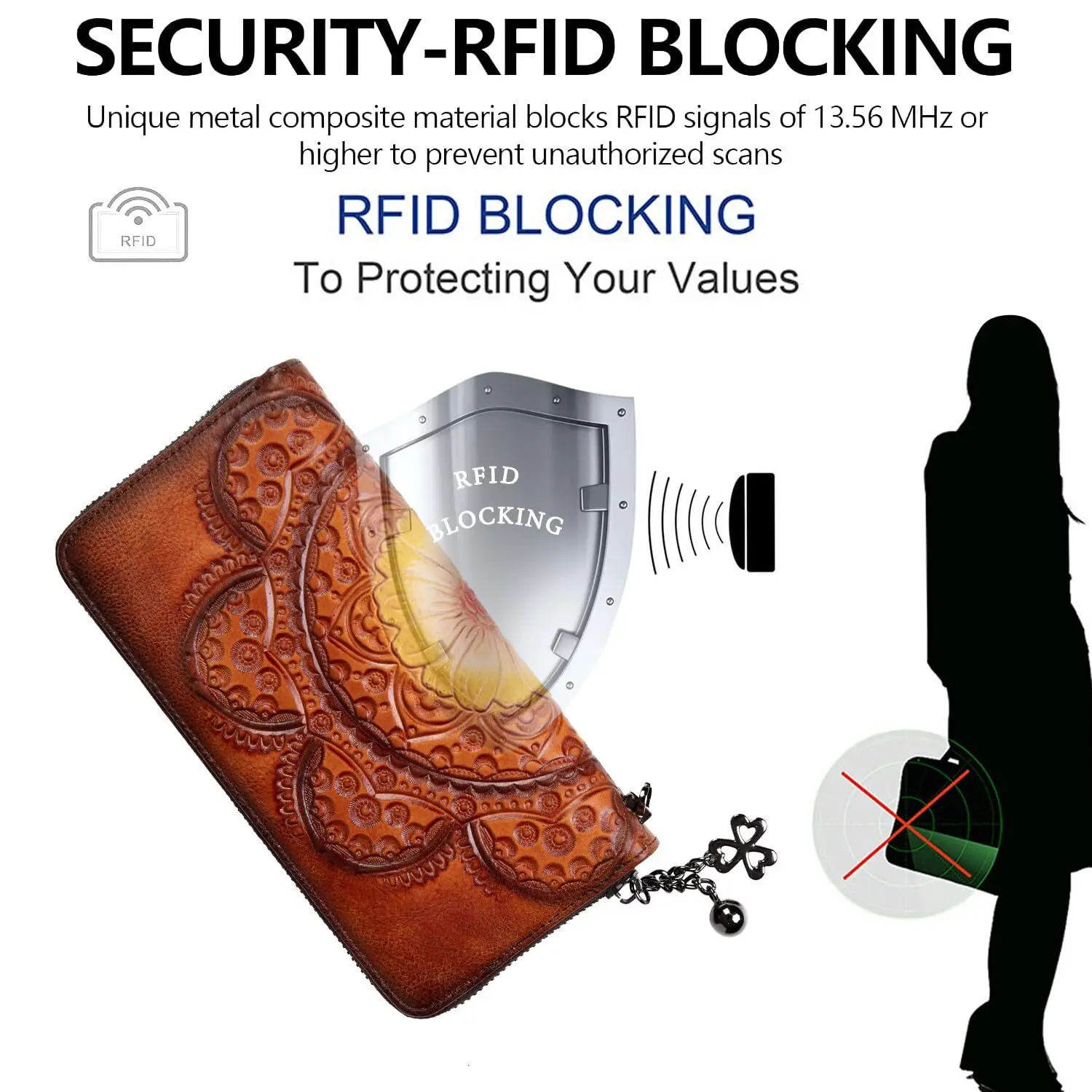 Women's RFID Blocking Wallet Genuine Cowhide Leather Handmade Embossing Vintage Long Clutch Purse with Wristlet & Card Slots NEW