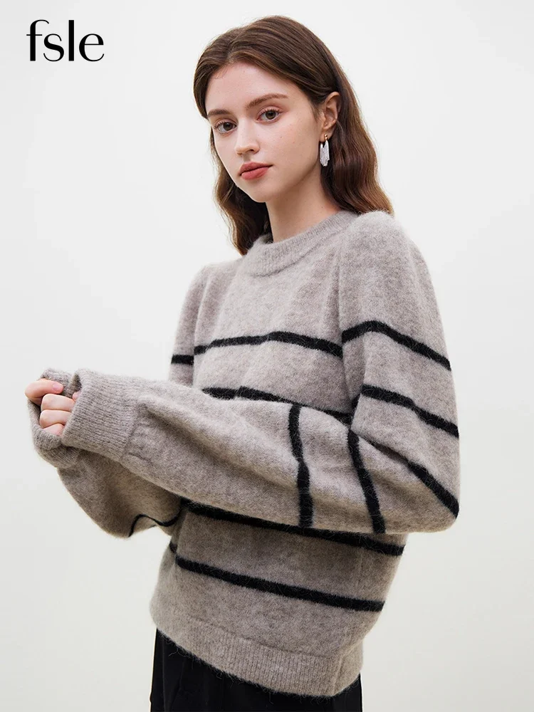 FSLE French Retro Style Puff Sleeve Round Neck Sweater For Women Winter 2023 Alpaca Wool Pullover Sweater Female Stripe Sweaters