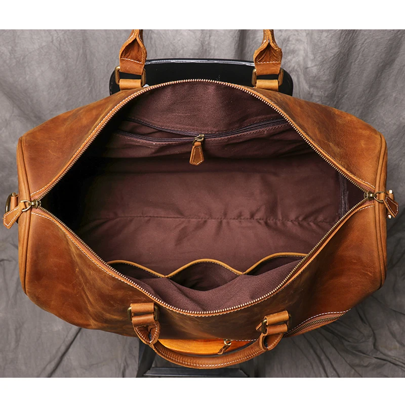 Bolsa de viagem de couro vintage para homens e mulheres Saco de laptop de couro maluco Weekend Handbag Duffle de grande capacidade