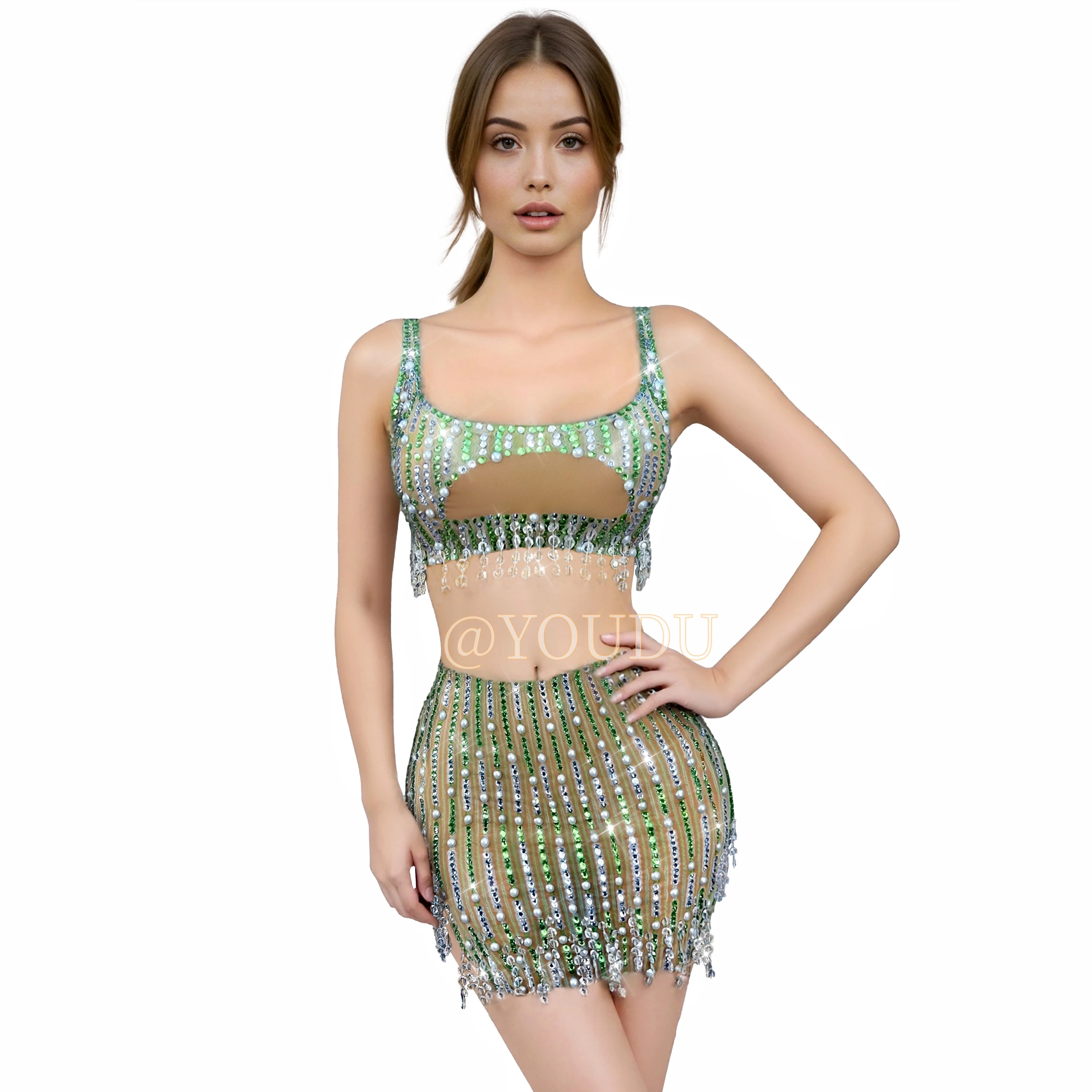 

Flashling Rhinestones Pearls Tank top Skirt Split set Singer Dancer Performance Party Celebrate Show Stage Outfit Cuizhuzhu