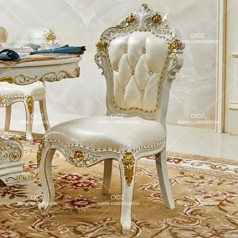 European Solid Wood Dining Chair Double Sided Carved Hotel Desk Living Room Leisure Chair Gold Silver Painted
