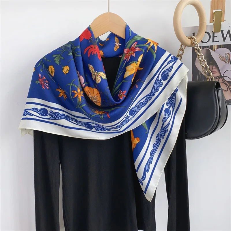 2024 Spain Fashion Garden Floral Square Silk Scarf Women High Quality Print Satin Shawls and Wraps Bufandas Muslim Hijab 90*90Cm