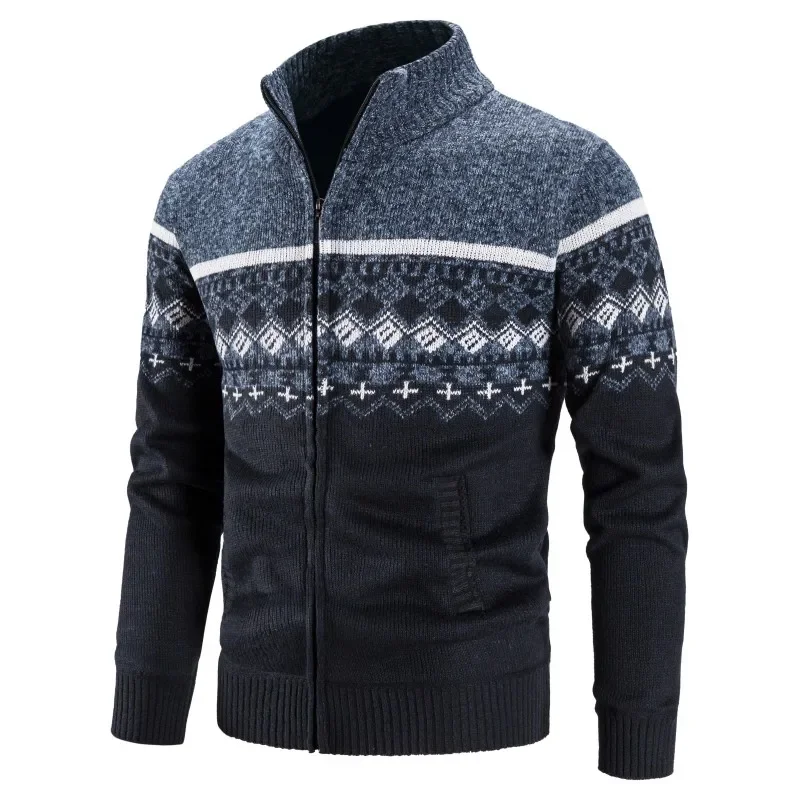 Suéter grueso de terciopelo para hombre, chaqueta informal de moda con cuello levantado, cárdigan degradado, novedad de invierno, 2021