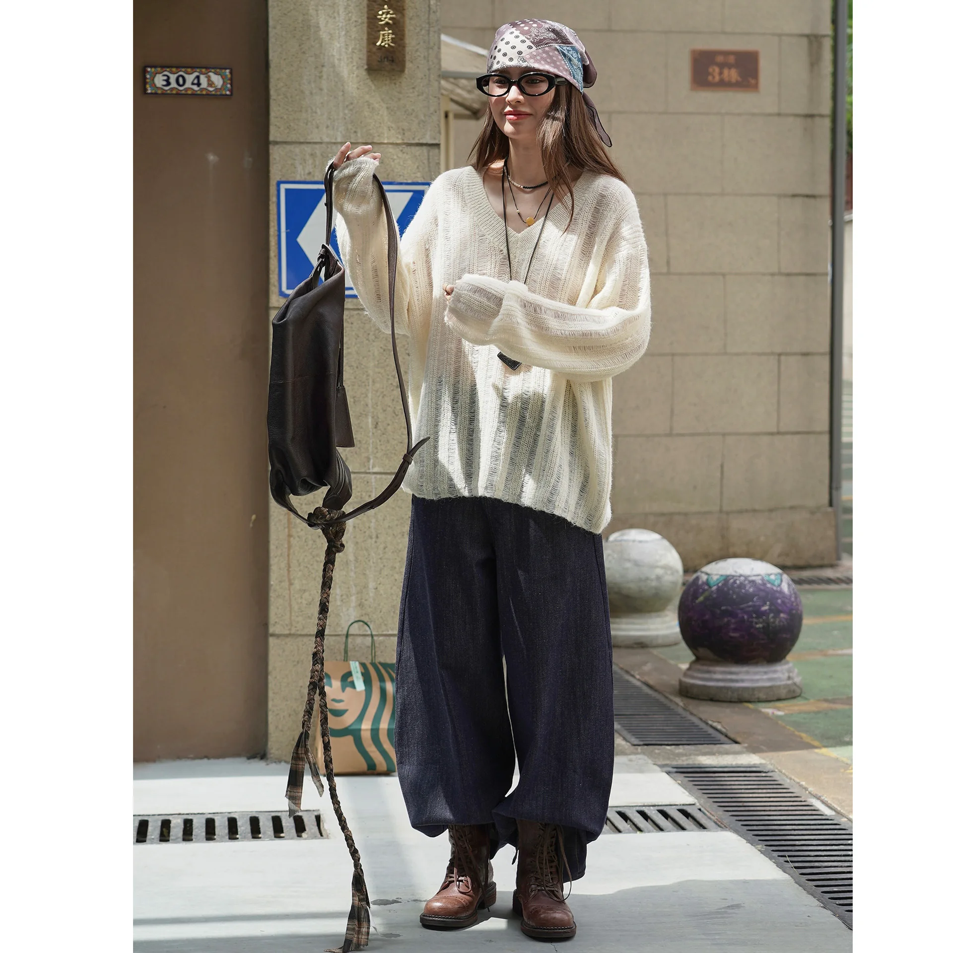 SuperAen Jesień Nowy Koreański Styl Dekolt V Oversize Wełniany Sweter Damski Luźny Elegancki Pulower Top