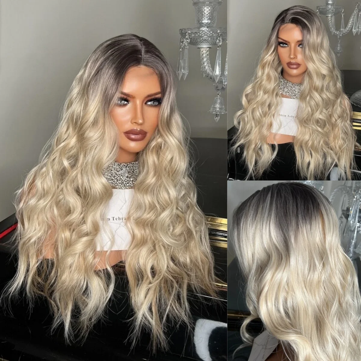 

Светло-белый парик блондинки Красивый свободный волнистый синтетический парик фронта шнурка HD на распродаже Высокая плотность Ombre Длинные вьющиеся парики