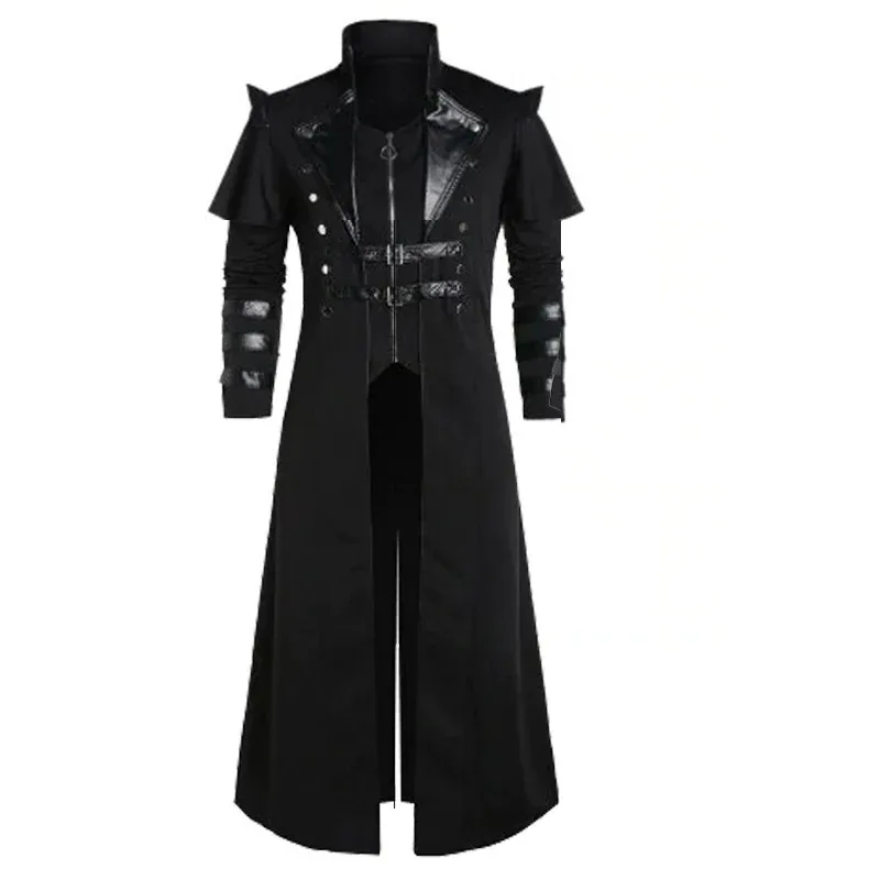 

Retro Halloween Medieval Steampunk Assassin Elf Pirate Costume Adult Man Black Long Slit Jacket Gothic Armor Leather Jacket