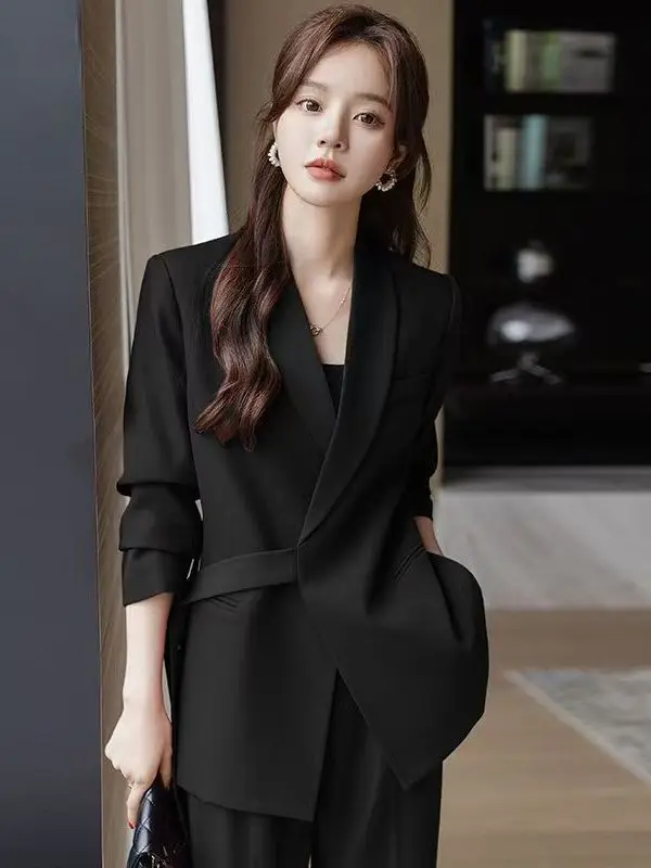 

Женский костюм-двойка больших размеров с широкими брюками, весна-осень, новый стиль, для работы, корейский свободный крой, с высокой талией, длинный рукав