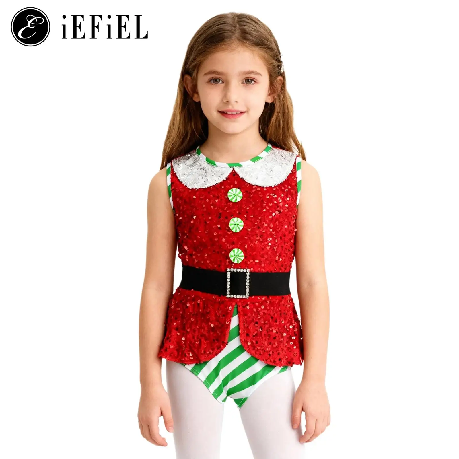 

Girls Christmas Elf Dance Costume Sleeveless Sequins Cutout Back Leotard Tailskirts Miss Santa School Show Bodysuits
