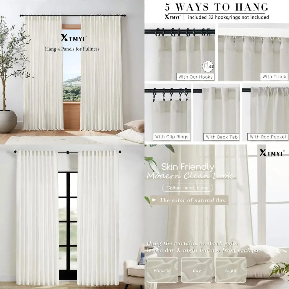 

72 Wide Linen Pleated Sheer Curtains, 70 x 90 for Living Room, 2-Panel Set, 6FT Long, Cream