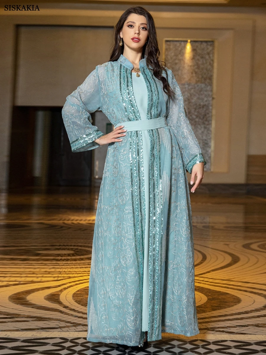 Siskakia Muslim Indian Anarkali Suits For Woman Kuwaiti Dubai Daily Party Gown Fashion Long Sleeve Belted Clothing