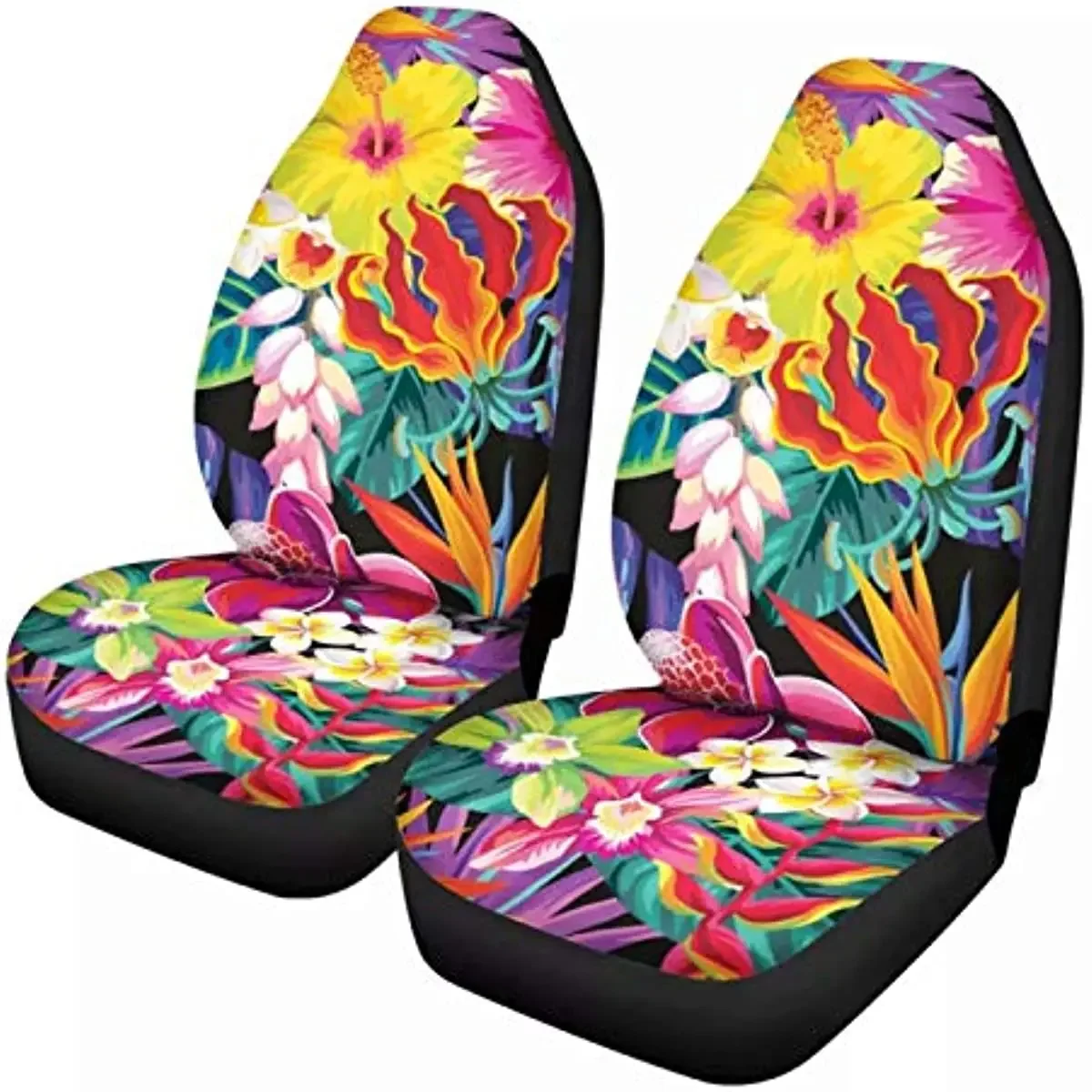 Forchrinse Universal Car Seat Covers 2 PCs Set,Colorful Hibiscus Plumeria Flower with Leaf Front Seat Covers Boho Tropical Plant