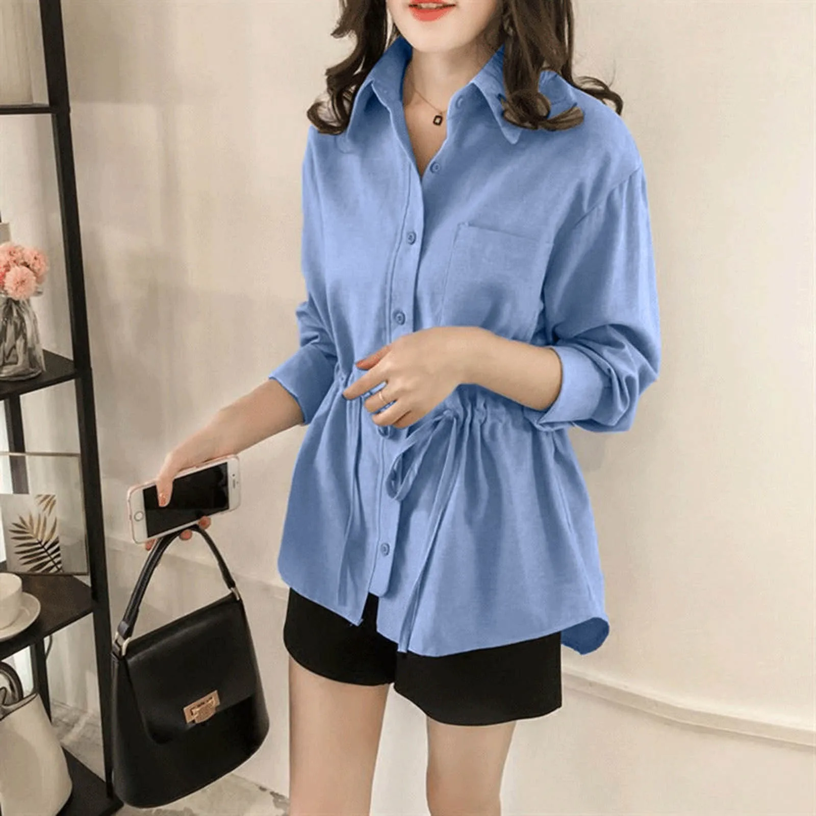 Women\'s Shirt 2024 Spring New Fashion Lapel Waisted Commuter Tops Shirt Solid Colour Large Size Casual Loose Blouse Shirt