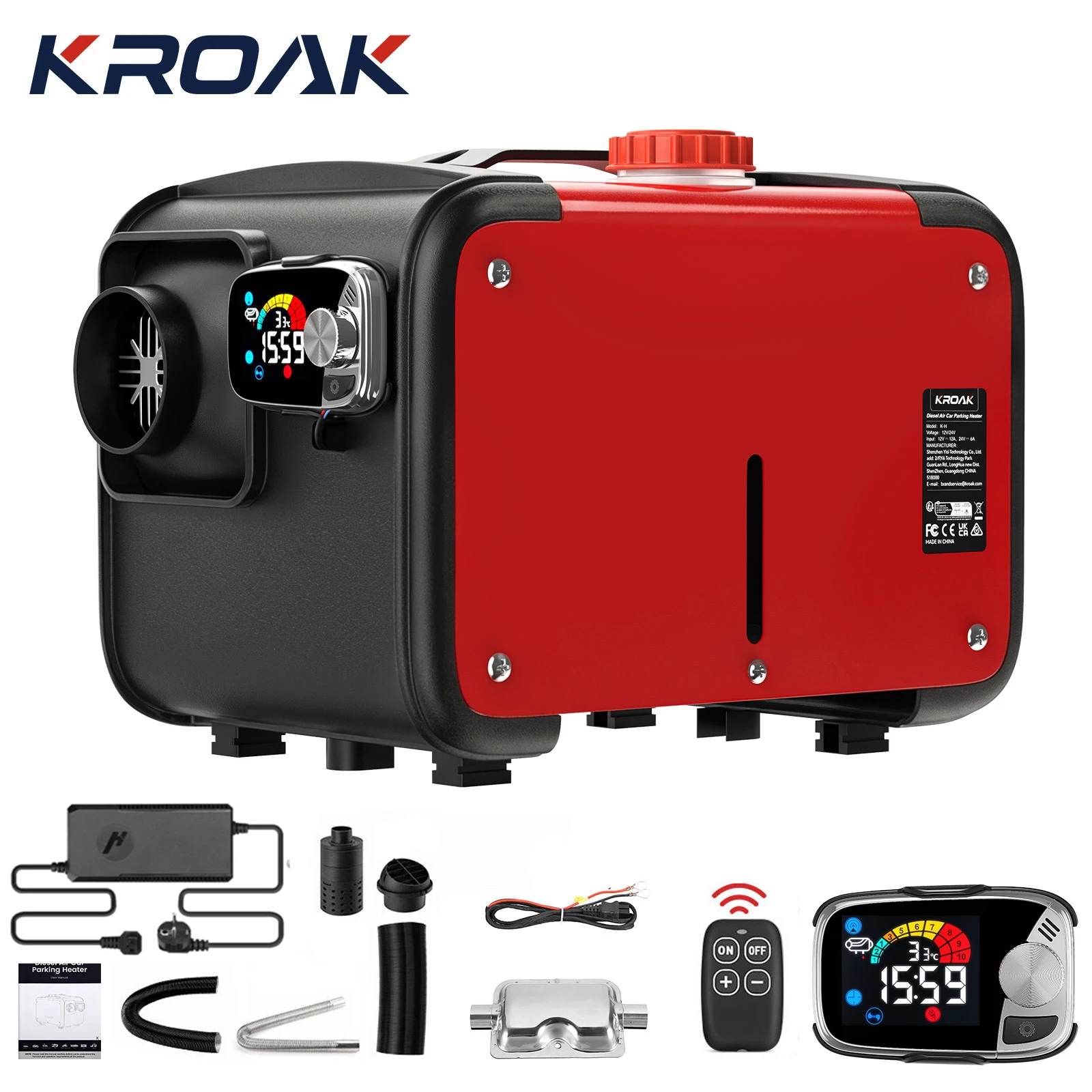 Calentador de aire diésel KROAK 5-8KW 12V todo en uno para estacionamiento con interruptor LCD para coche, camión, barco, RV, calentador diésel de estacionamiento 24V