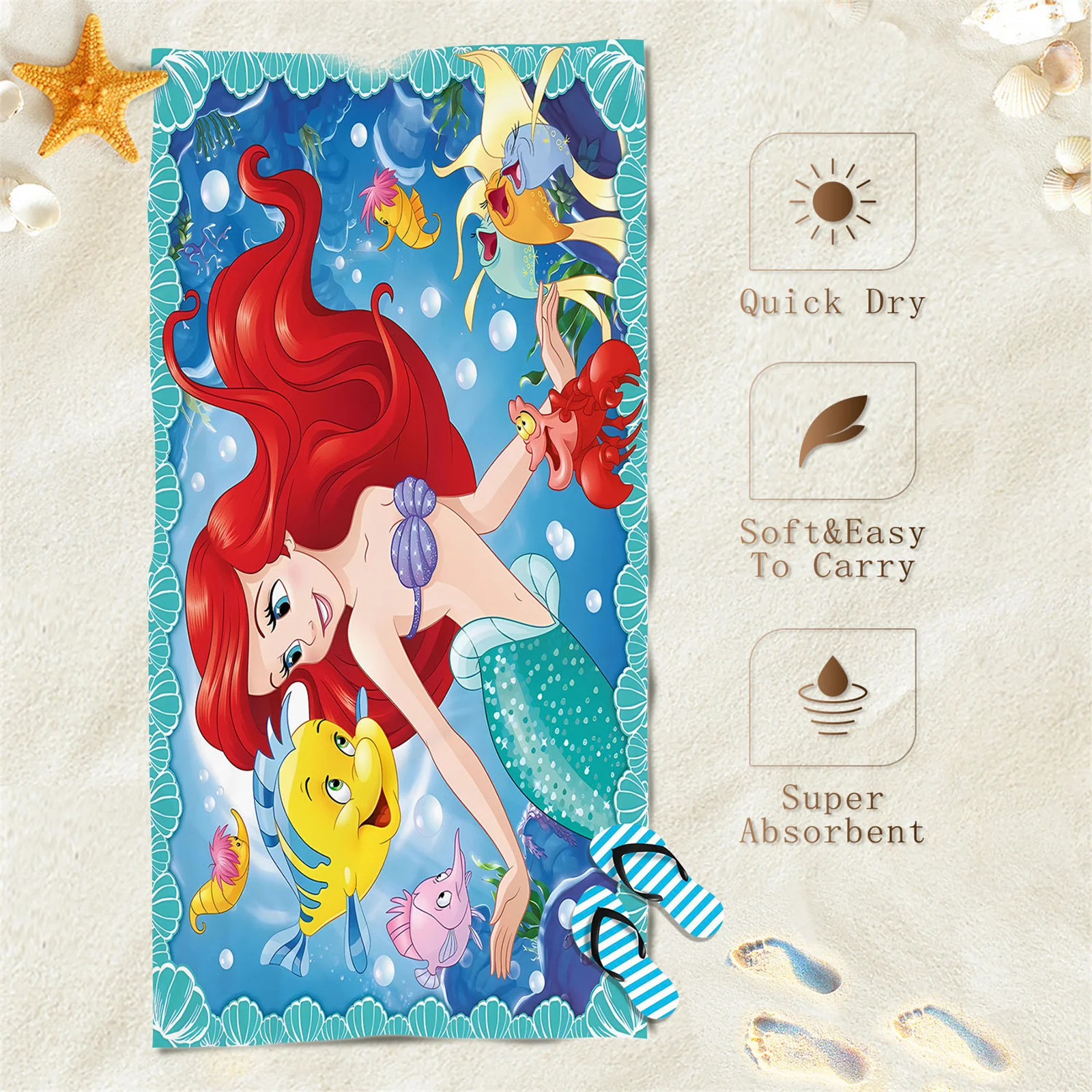 Mermaid Princess Ariel Mermaid Toweltowels Cotton 100% Beach Travel Kids Sauna Spa Big Towels For Bath Quick Dry Women Towel