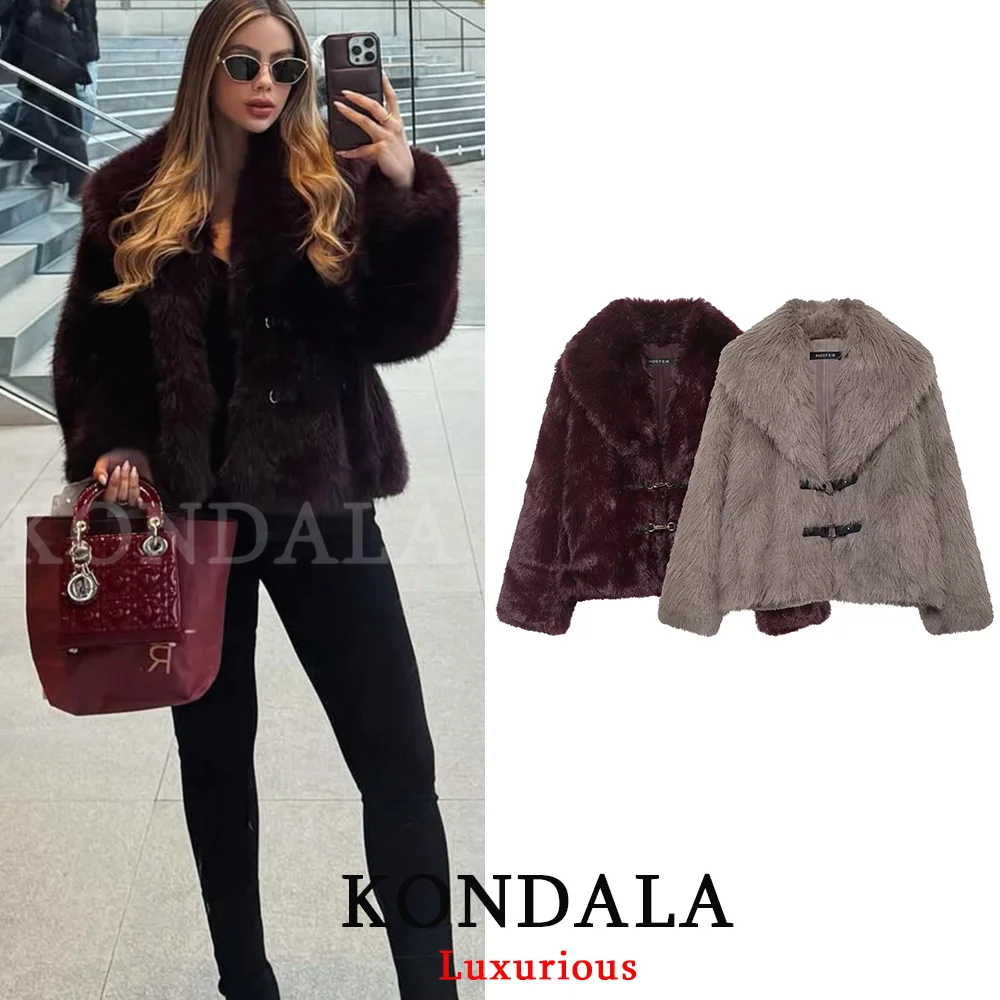 

KONDALA Vintage Casual Chic Women Faxur Fur Jackets Solid Long Sleeve Single Breasted Coats New Fashion 2025 Autumn Outwears