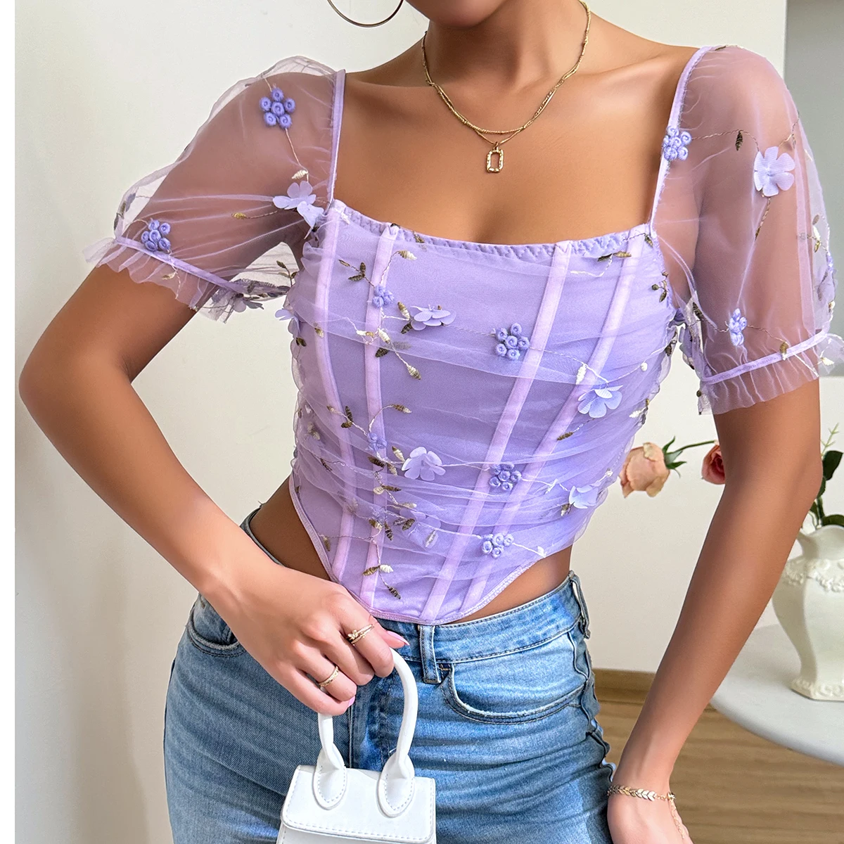 Sexy Embroidered Double Mesh Fishbone Corset Tops Slim-fit vest Street Style Butterfly Short Sleeve T-shirt Slim Crop Top Corset