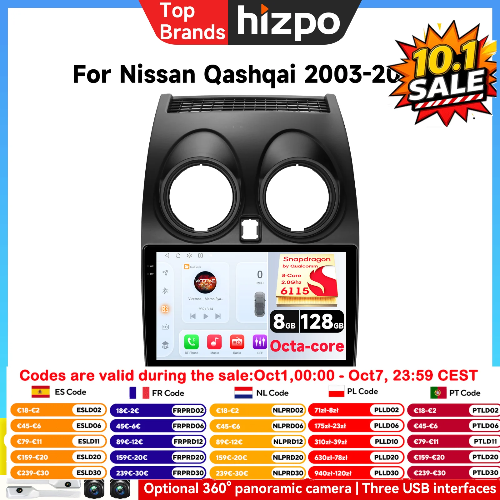 360 ° Radio samochodowe z kamerą panoramiczną do Nissan Qashqai J10 2006-2013, bezprzewodowy CarPlay, dotykowy ekran, Android Auto, stereo, nawigacja GPS
