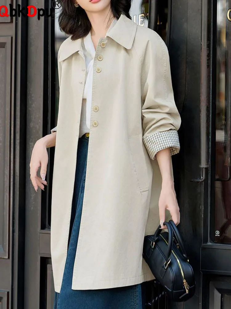 

Women Elegant Trench Coats Tops Korean Fashion Lapel Neck Loose Outerwears Spring Fall Long Sleeve Gabardina Jackets Blusas New