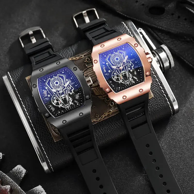 Hollow out Richard wine barrel shaped quartz watch for men, silicone watch for men, business calendar, sports watch for men