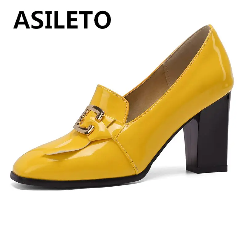 ASILETO 2022 Women Pumps Square Toe Block Heel Slip-on Shallow Metal Decoration Large Size 32-50 Office Lady Black Green S3957