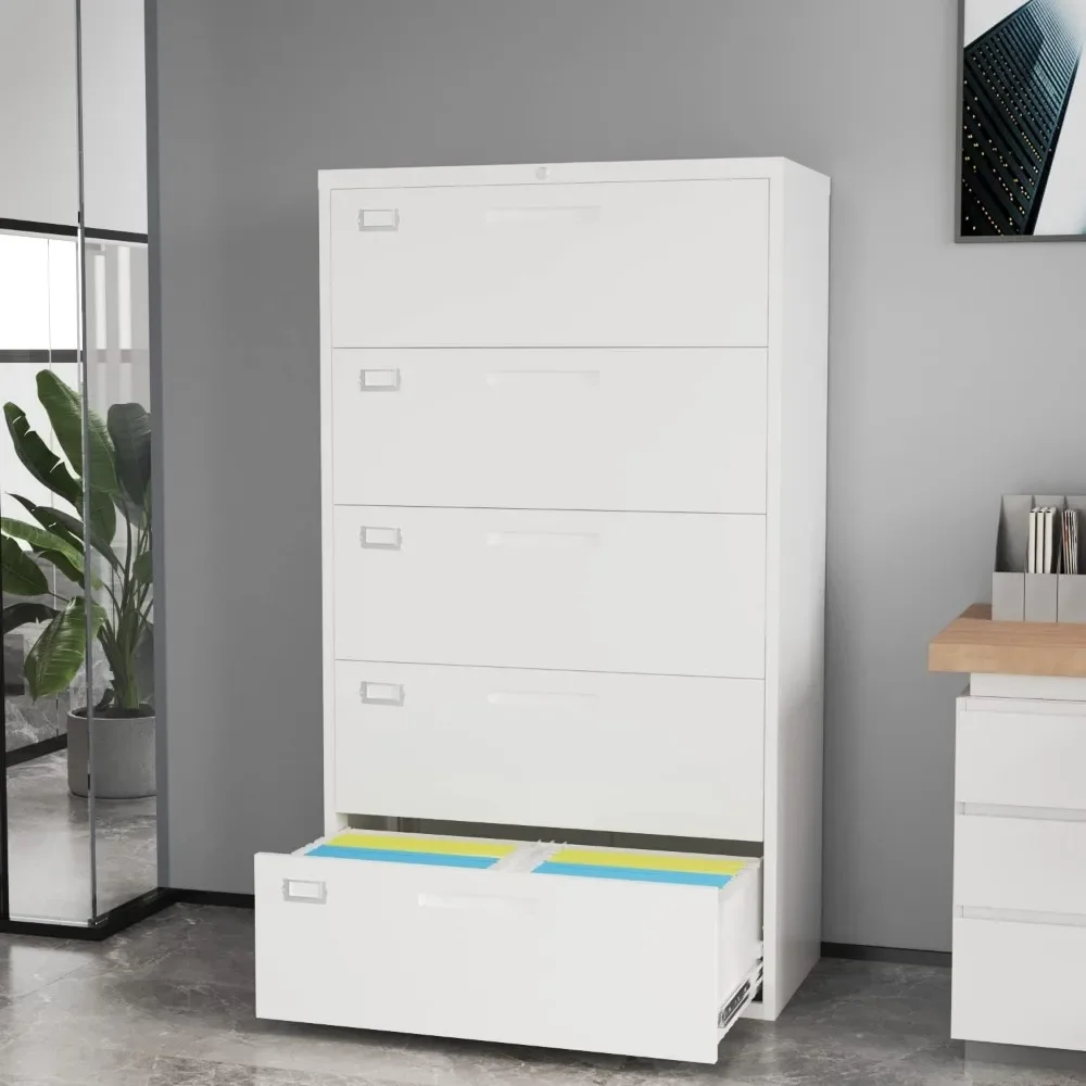 Lateral File Cabinet with 5 Drawers - White Metal Steel Filling Cabinets for Home Office - Lockable Storage Cabinet for Hanging