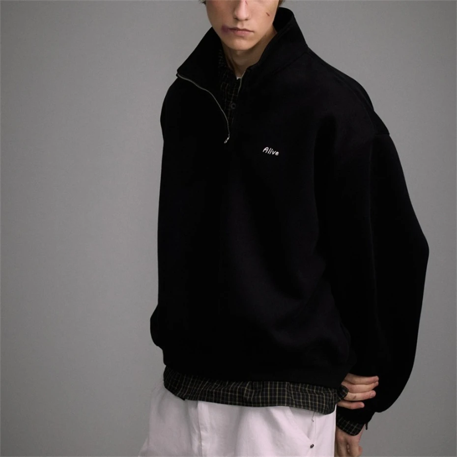 Mens Campus Casual Jackets Vintage Half Zip Sweatshirts Men Oversized Streetwear Hip Hop Harajuku Spring New Sweatshirts Male