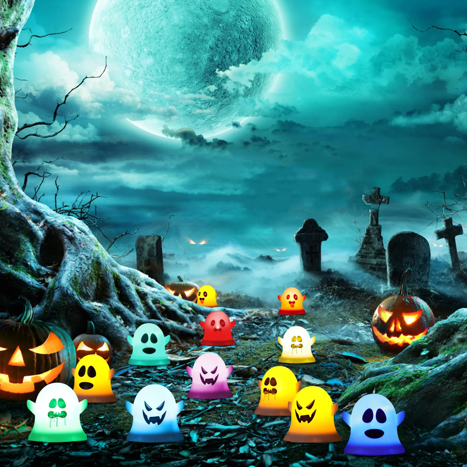 

12pcs Ghost Lamp LED Tealight Candles Cute Funny Night Lights Flickering Flameless Glow Halloween Decor for Bedroom for Kids