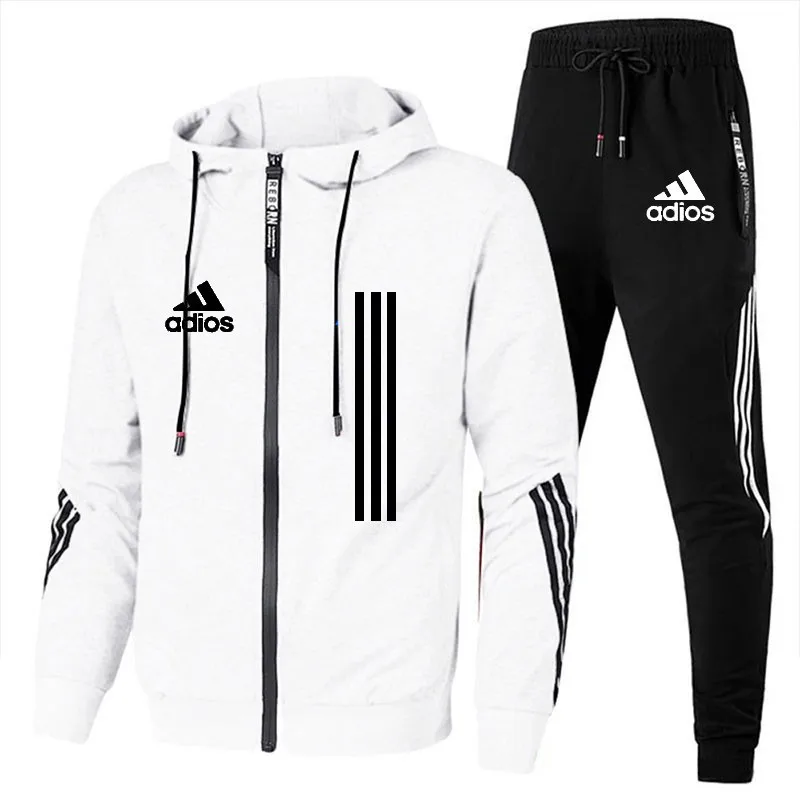 2024Spring and Autumn Spot New Men's Casual Sports Set with Three Bars, Hooded Zipper, Hoodie, Pants, Sports Set