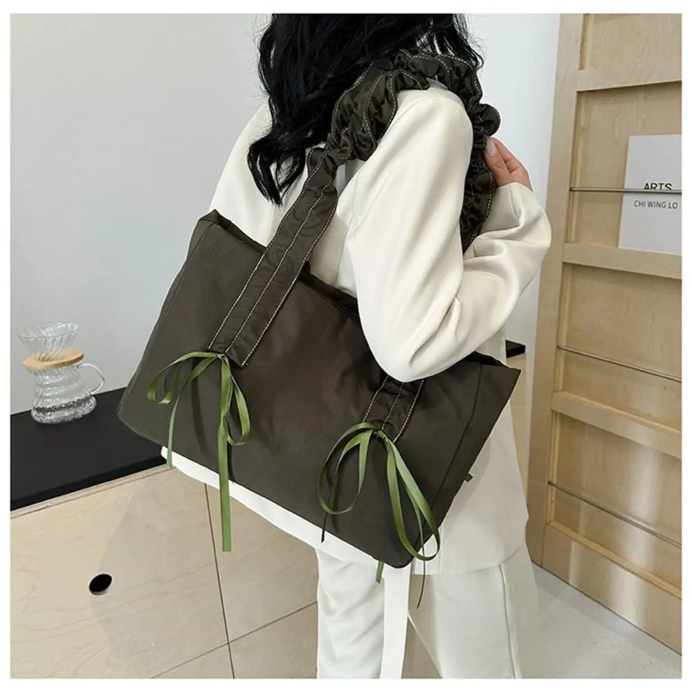 Creative Gift Large Capacity Handbags Harajuku Reusable Drawstring Bow Shoulder Bag Nylon Solid Color Tote Bag Daily Use