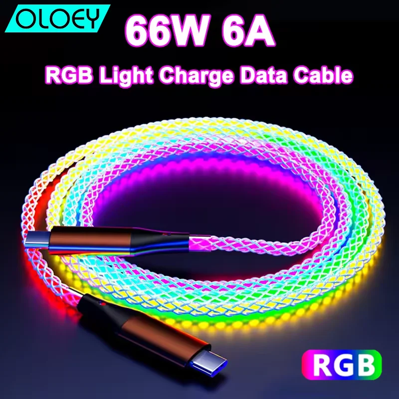 

66W RGB Color Light USB Type C Fast Charging Cable For Xiaomi Huawei Samsung Dual Type-C Phone Charger Data Cord For iPhone 15